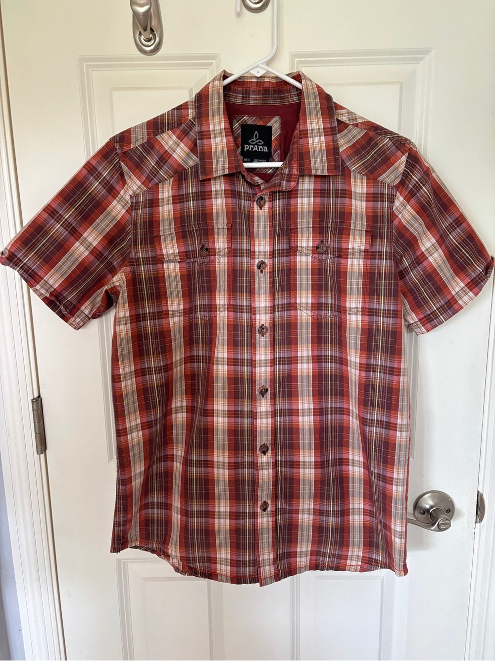 Prana Men’s Plaid Button-Front Button Shirt in burnt orange/ tan sz M